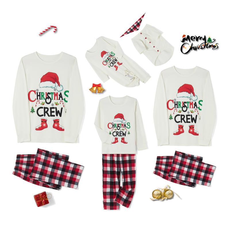 Family Christmas Pajamas Matching Sets, Romper  Long Sleeve Letter Print Tops and Plaid Pants Suit for Kid Dad Mom Sleepwear