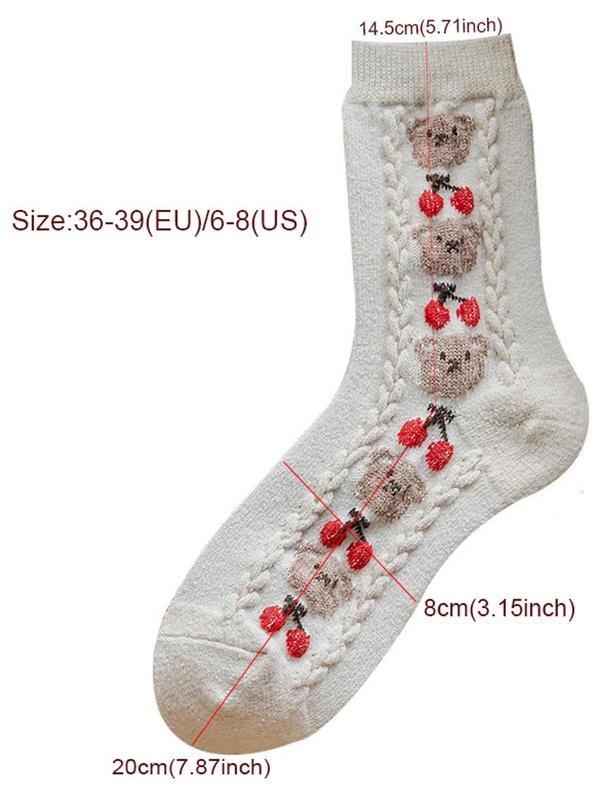 Women's Floral & Bear Embroidery Colorblock Crew Socks, Casual Soft Comfy Textured Mid-calf Socks for Fall & Winter, Women's Socks for Daily Wear