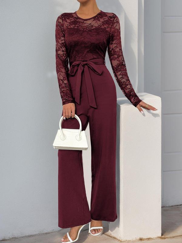 Women's Contrast Floral Lace Belted Jumpsuit, Elegant Sheer Long Sleeve Zipper Back Jumpsuit for Fall & Winter, Women's Clothes for Daily Wear