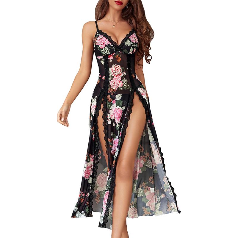 Avidlove Women Lingerie Lace Sleepwear Chemise Glamour Mesh Nightdress V Neck Nightwear Side Split Nightgown Black Friday