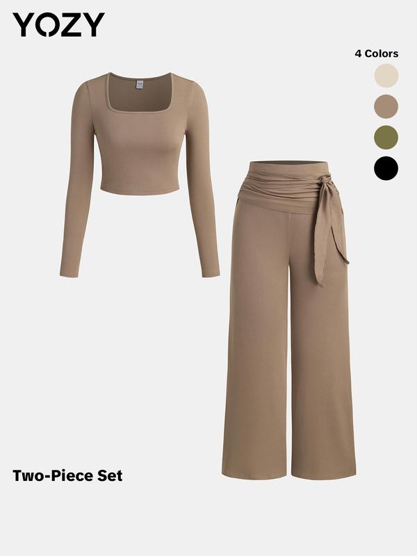 YOZY Christmas Deals Two-Piece Set Women's Solid Textured Top & Wide Leg Pants, Casual Long Sleeve Square Neck Top & Knot Front Trousers Set for Daily Wear, Christmas 2024 Trend, Christmas Outfits, Fall&Winter Outfits, Christmas Gift Ideas