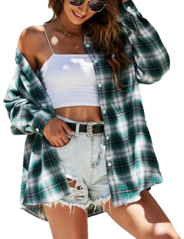 Zontroldy Plaid Flannel Shirts for Women Oversized Long Sleeve Button Down Buffalo Plaid Shirt Blouse Tops knitted shirt vintage tops Womenswear Casual Collared