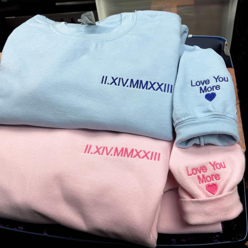 Roman Numeral Date Matching Custom Embroidered Couple Sweatshirt with Anniversary Date & Initial Heart On Sleeve