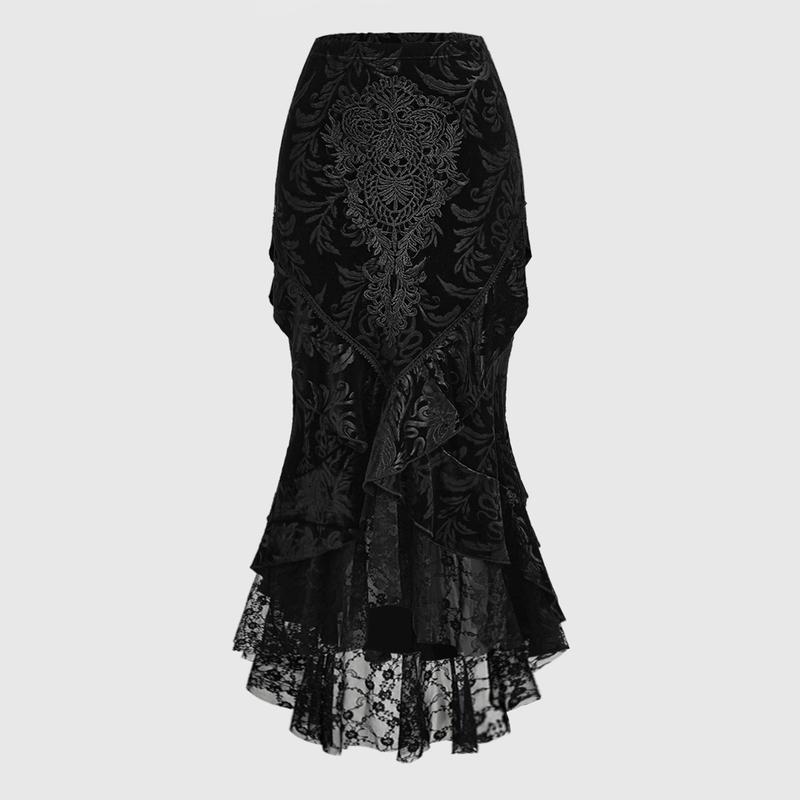 ROMWE Goth Elegant And Luxurious Palace Style Lace Applique Decorated Skull Embossed Velvet Spliced Lace Hem Women's Mermaid Skirt