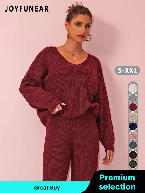 Two-piece Set Women's Solid Color Drop Shoulder Sweater & Pants Sweater Set, Casual Fashion Cozy Drop Shoulder Knitwear Set for Daily Outdoor Wear, Knitwear Set for Women Women Knitwear for Fall & Winter