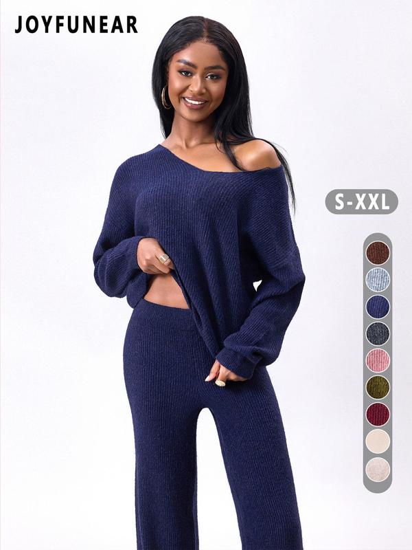 Two-piece Set Women's Solid Color Drop Shoulder Sweater & Pants Sweater Set, Casual Fashion Cozy Drop Shoulder Knitwear Set for Daily Outdoor Wear, Knitwear Set for Women Women Knitwear for Fall & Winter