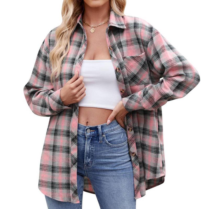 Womens Button Down Shirts Long Sleeve Plaid Shackets Business Casual Blouse Top flannel Womenswear Comfy