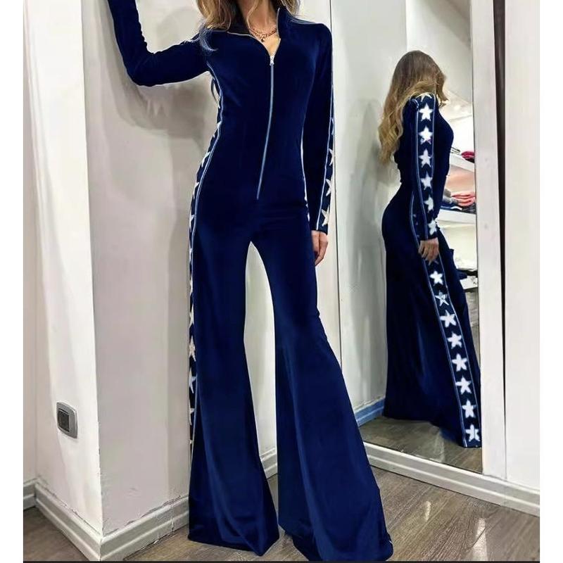 Fashion Velvet Stitching Printing Long Sleeve Wide Leg Jumpsuit European and American