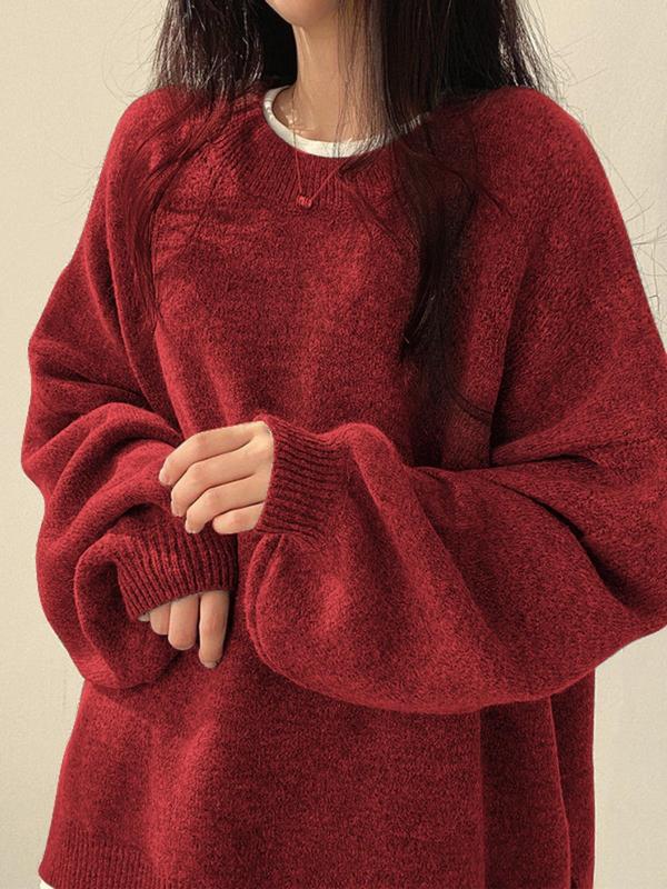  Solid Drop Shoulder Split Hem Sweater, Casual Long Sleeve Round Neck Jumper for Fall & Winter, Sweaters for Women, Women's Plus Clothing for Daily Wear