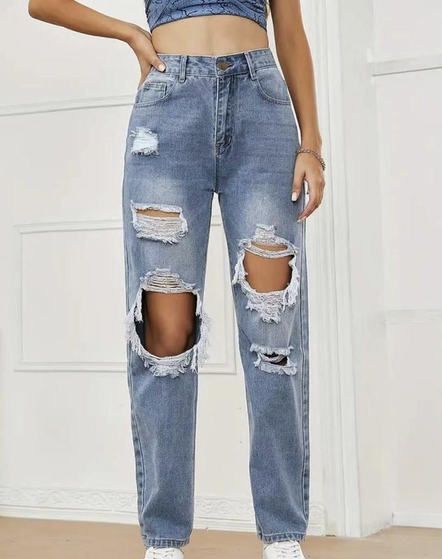 Women's High Waist Ripped Straight Jeans (Blue), Small Denim Womenswear Denim Womenswear Bottom Boyfriend Jeans Pants Streetwear