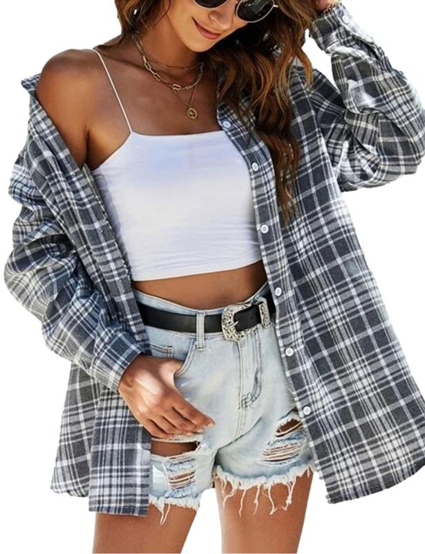 Zontroldy Plaid Flannel Shirts for Women Oversized Long Sleeve Button Down Buffalo Plaid Shirt Blouse Tops knitted shirt vintage tops Womenswear Casual Collared