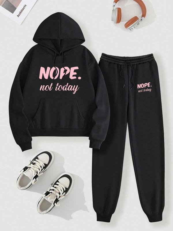  Two-Piece Set Letter Print Sweatshirt & Drawstring Waist Sweatpants Set, Casual Long Sleeve Hooded Pullover & Jogger Pants, Women's Fall & Winter Clothes