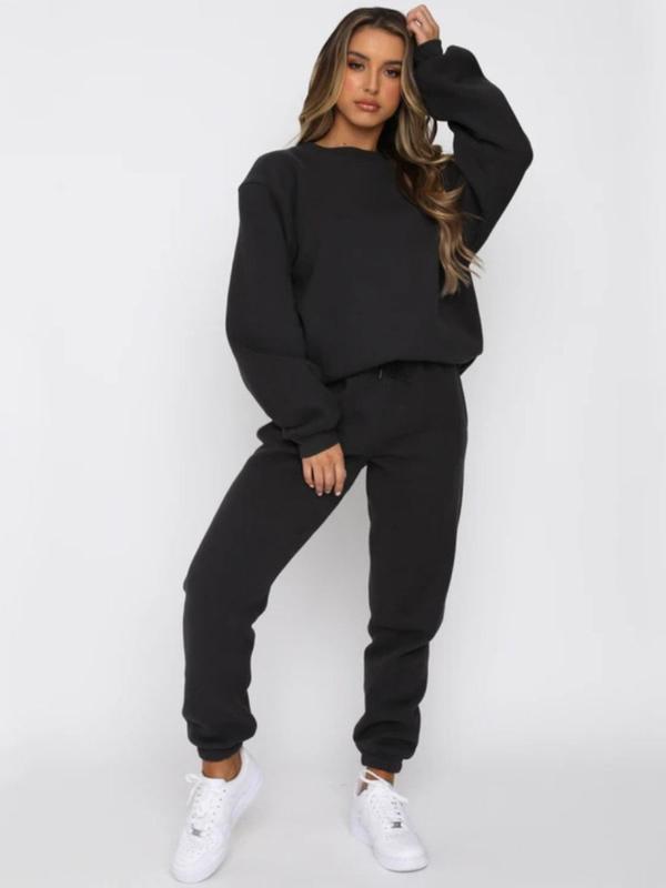 Two-Piece Set Women's Solid Drop Shoulder Sweatshirt & Sweatpants, Casual Fashion Cozy Round Neck Long Sleeve Pullover & Trousers for Daily Outdoor Wear, Women's Clothing for Spring & Fall