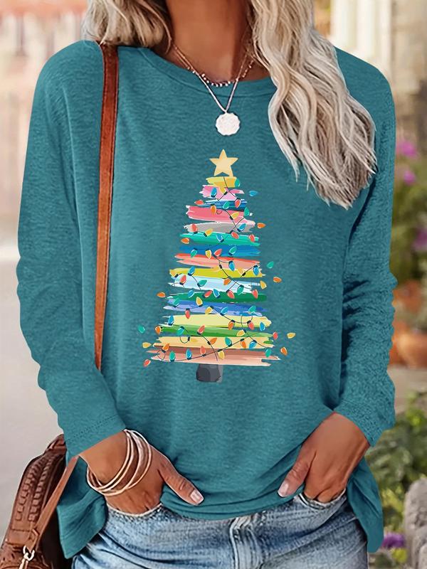 Women's Christmas Tree Print Drop Shoulder T-shirt, Casual Long Sleeve Round Neck Pullover for Fall & Winter, Ladies Clothes for Daily Wear