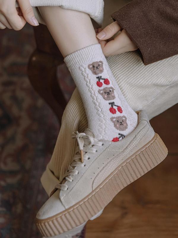 Women's Floral & Bear Embroidery Colorblock Crew Socks, Casual Soft Comfy Textured Mid-calf Socks for Fall & Winter, Women's Socks for Daily Wear