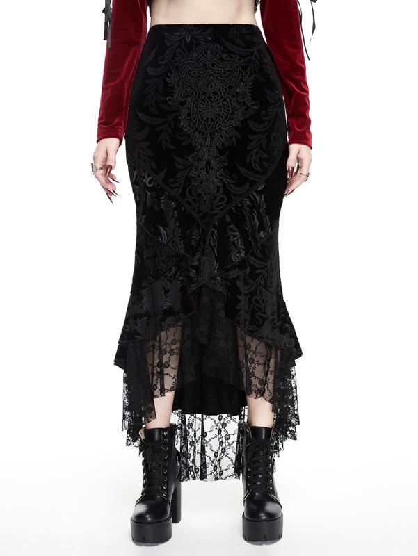 ROMWE Goth Elegant And Luxurious Palace Style Lace Applique Decorated Skull Embossed Velvet Spliced Lace Hem Women's Mermaid Skirt