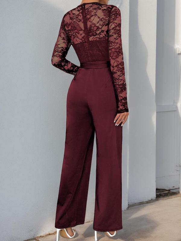 Women's Contrast Floral Lace Belted Jumpsuit, Elegant Sheer Long Sleeve Zipper Back Jumpsuit for Fall & Winter, Women's Clothes for Daily Wear