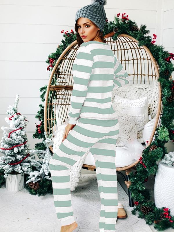 Women's Christmas Striped Print Loungewear Set, Casual Comfy Long Sleeve Tee & Elastic Waist Pants Set, Ladies Sleepwear for Spring & Fall, Fall Clothes 2024