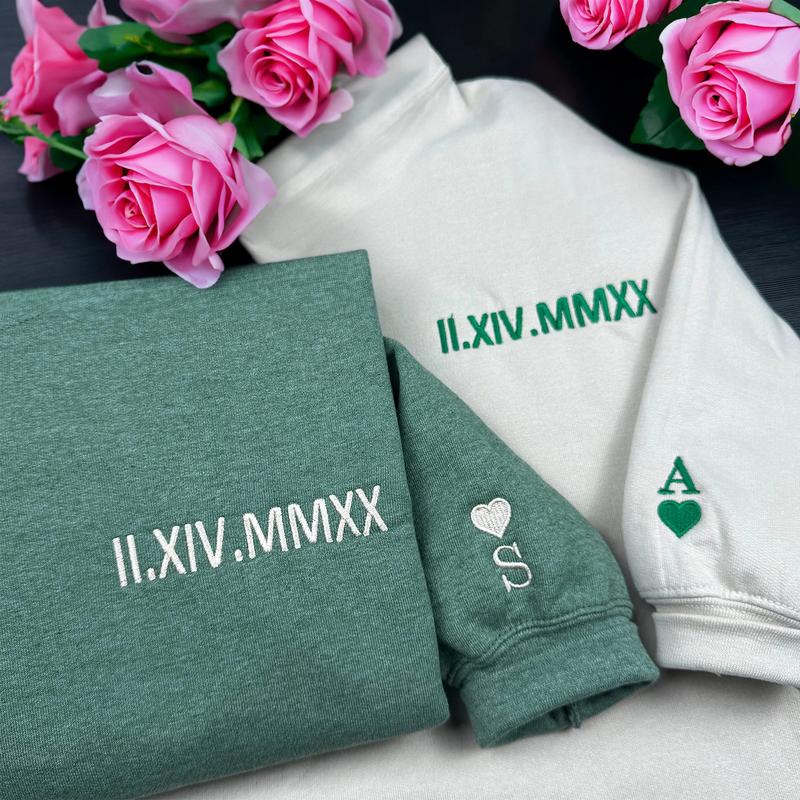 Roman Numeral Date Matching Custom Embroidered Couple Sweatshirt with Anniversary Date & Initial Heart On Sleeve