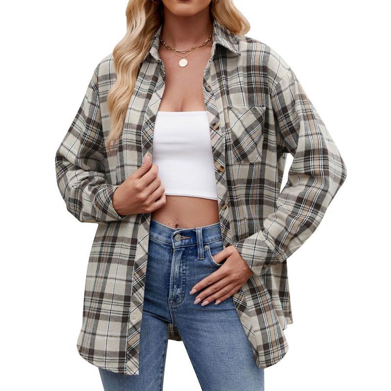 Womens Button Down Shirts Long Sleeve Plaid Shackets Business Casual Blouse Top flannel Womenswear Comfy