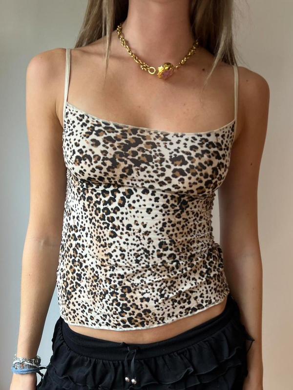 Women's Leopard Print Backless Cami Top, Casual Adjustable Strap Sleeveless Top for Fall & Winter, Women's Clothing for Daily Wear