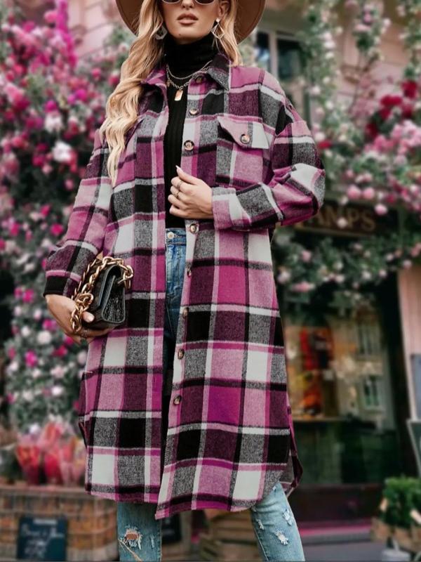 Women's Plaid Print Button Front Drop Shoulder Midi Overcoat, Casual Long Sleeve Collared Coat for Fall & Winter, Women's Clothing for Daily Wear, Fall Clothes 2024