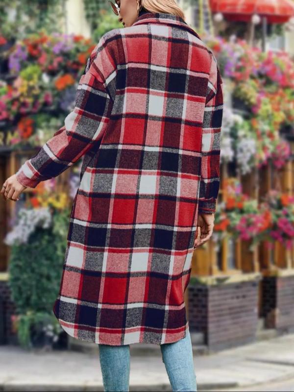 Women's Plaid Print Button Front Drop Shoulder Midi Overcoat, Casual Long Sleeve Collared Coat for Fall & Winter, Women's Clothing for Daily Wear, Fall Clothes 2024