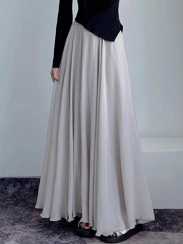 Women's Solid Color Elastic Waist Pleated Skirt, Elegant Fashion Casual High Waist Maxi Skirt for Daily Outdoor Wear, Ladies Bottoms for All Seasons