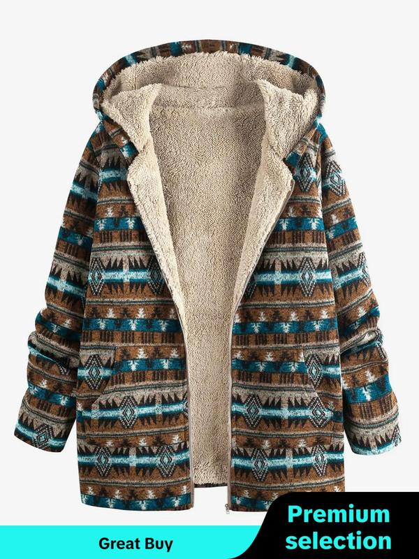 Women's Vintage Tribal Print Zip Up Pocket Fleece Hooded Coat, Long Sleeve Teddy Lined Coat for Fall & Winter, Winter Coats Women, Women Clothes for Daily Wear, Longsleeves Tops for Lady, Casual Womenswear, Coats for School