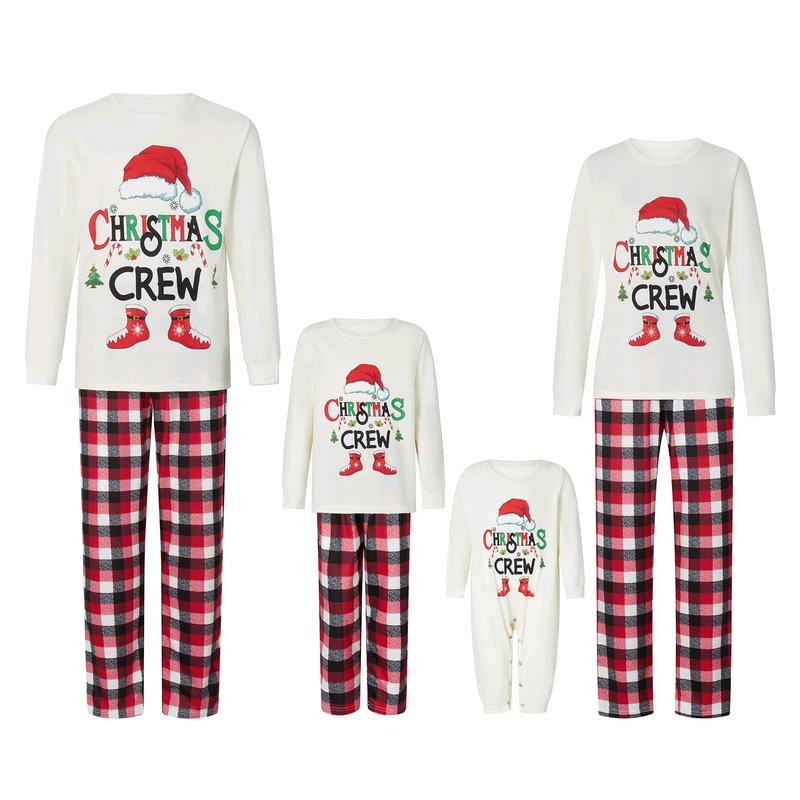 Family Christmas Pajamas Matching Sets, Romper  Long Sleeve Letter Print Tops and Plaid Pants Suit for Kid Dad Mom Sleepwear