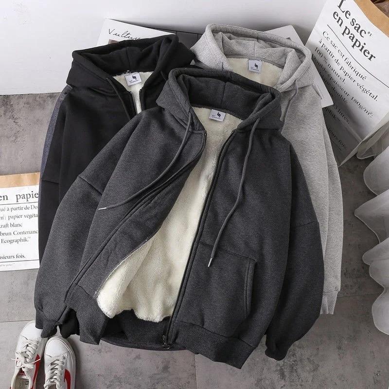 Women's Plush Winter Jacket - Solid Color Velvet Coat with Hood, Comfortable Soft Sweatshirt with Zipper for Casual Long Sleeve Womenswear