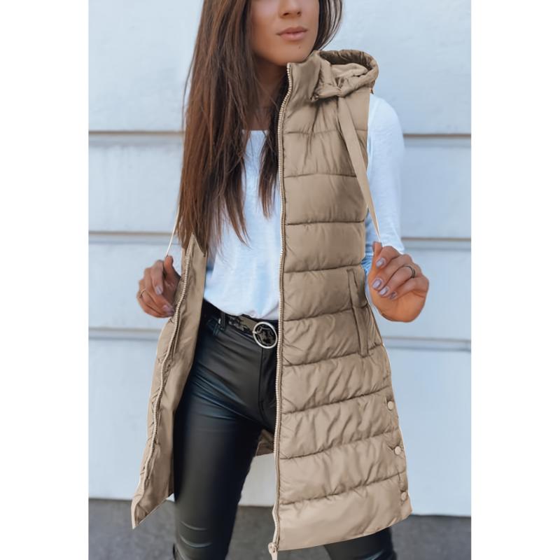 Blazer Mid Length Winter Zip Up Drawstring Hooded Puffer Vest, Casual Sleeveless With Pocket, Women's Clothing Collar Fabric