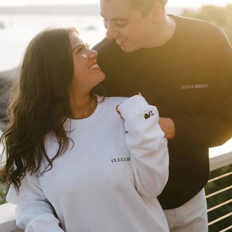 Roman Numeral Date Matching Custom Embroidered Couple Sweatshirt with Anniversary Date & Initial Heart On Sleeve