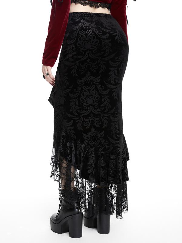 ROMWE Goth Elegant And Luxurious Palace Style Lace Applique Decorated Skull Embossed Velvet Spliced Lace Hem Women's Mermaid Skirt