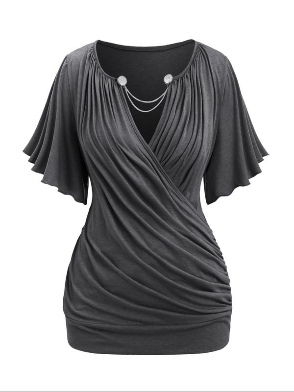  Chain Linked Ruched Wrap Notched Neck Tee, Casual Short Sleeve Butterfly Sleeve T-shirt for Summer, Women's Clothing for Daily Wear