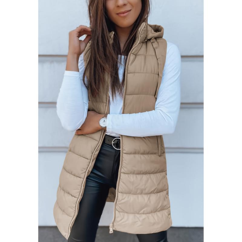 Blazer Mid Length Winter Zip Up Drawstring Hooded Puffer Vest, Casual Sleeveless With Pocket, Women's Clothing Collar Fabric