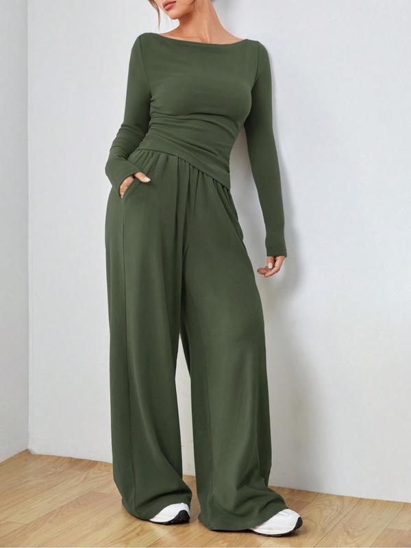 Women's Solid Asymmetrical Hem Top & Wide Leg Pants Two-piece Set, Casual Long Sleeve Round Neck Top & Pocket Trousers for Summer, Ladies Clothes for Daily Wear