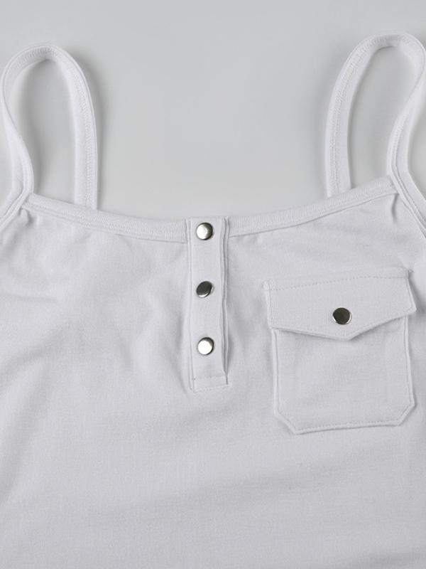 Women's Plain Pocket Button Front Cami Top, Casual Solid Spaghetti Strap Top for Summer, Ladies Clothes for Daily Wear