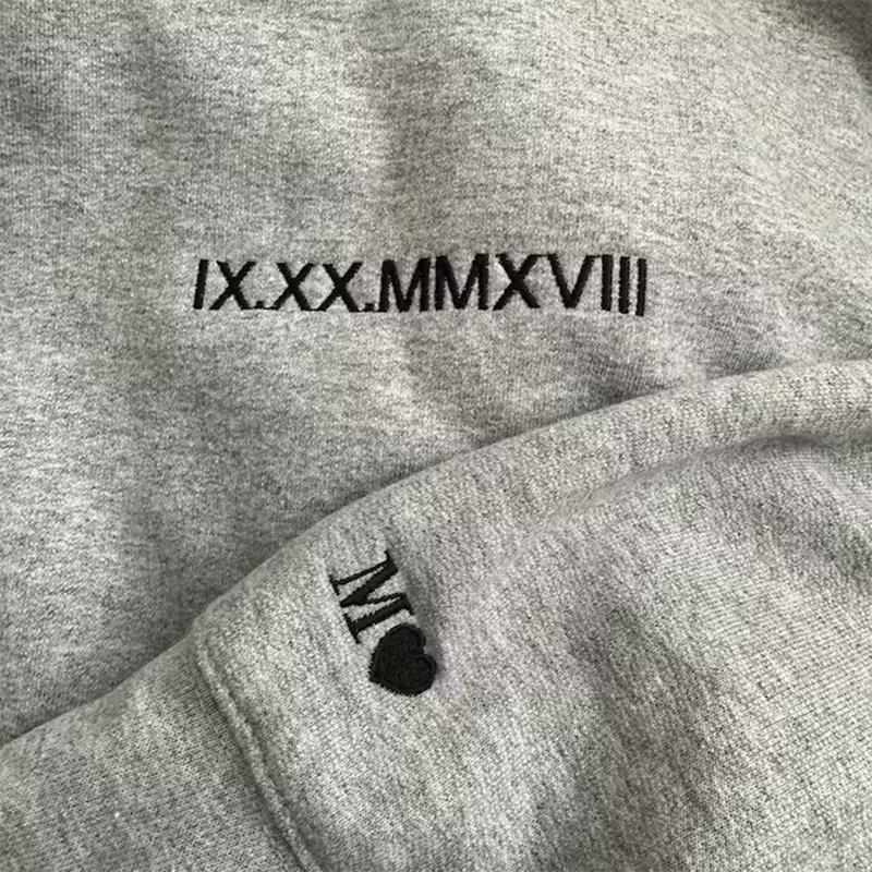 Roman Numeral Date Matching Custom Embroidered Couple Sweatshirt with Anniversary Date & Initial Heart On Sleeve