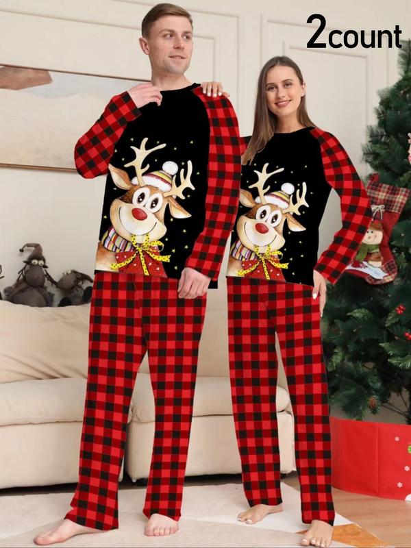 Couple's Christmas Themed Plaid Elk Print Raglan Sleeve Pajama Two-piece Set, Casual Comfy Long Sleeve Top & Pants Pj Set, Men's Sleepwear for Spring & Fall