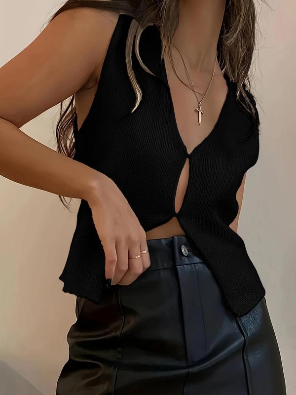 Women's Plain Cut Out V Neck Split Hem Sweater Vest, Loose Casual Solid Color Sleeveless Knit Top for Daily Wear, Back To School Outfits, Ladies Clothes for All Seasons, Fall Outfits, Stockholm Style Black Girl