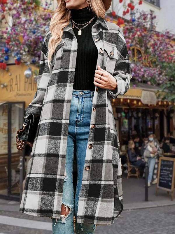 Women's Plaid Print Button Front Drop Shoulder Midi Overcoat, Casual Long Sleeve Collared Coat for Fall & Winter, Women's Clothing for Daily Wear, Fall Clothes 2024