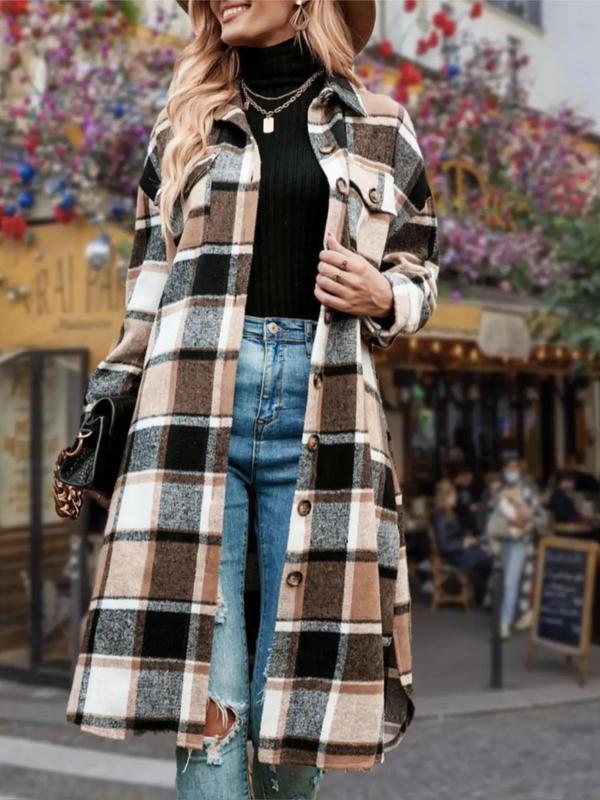 Women's Plaid Print Button Front Drop Shoulder Midi Overcoat, Casual Long Sleeve Collared Coat for Fall & Winter, Women's Clothing for Daily Wear, Fall Clothes 2024