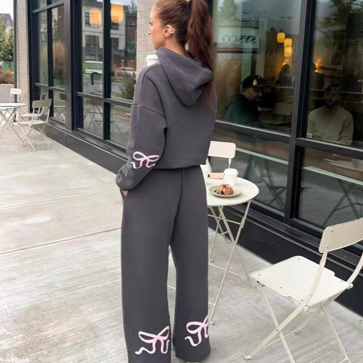 Women's Oversized Bow Printed Hoodie Long Sleeve Fleece Casual Graphic Pullover Fashionable Fall Hooded Sweatshirt Top Pants Two-Pack