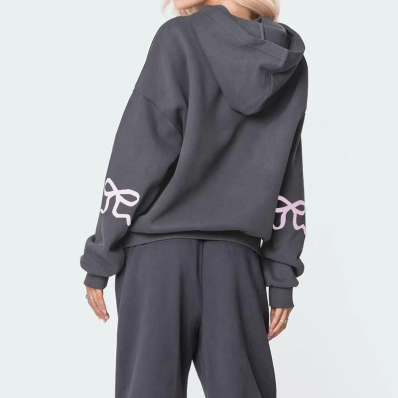 Women's Oversized Bow Printed Hoodie Long Sleeve Fleece Casual Graphic Pullover Fashionable Fall Hooded Sweatshirt Top Pants Two-Pack