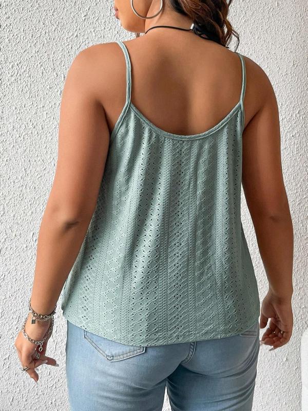  Solid Eyelet Embroidery Chain Linked Cami Top, Boho Sleeveless Spaghetti Strap Top for Summer, Women's Plus Clothing for Daily Wear