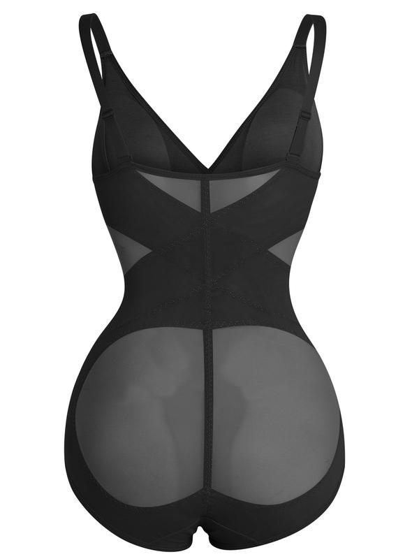 Women's Solid Sheer Contrast Mesh Padded Shapewear Bodysuit, Deep V Neck High Stretch Butt Lift Tummy Control Shapewear Cami Bodysuit, Women's Shapewear