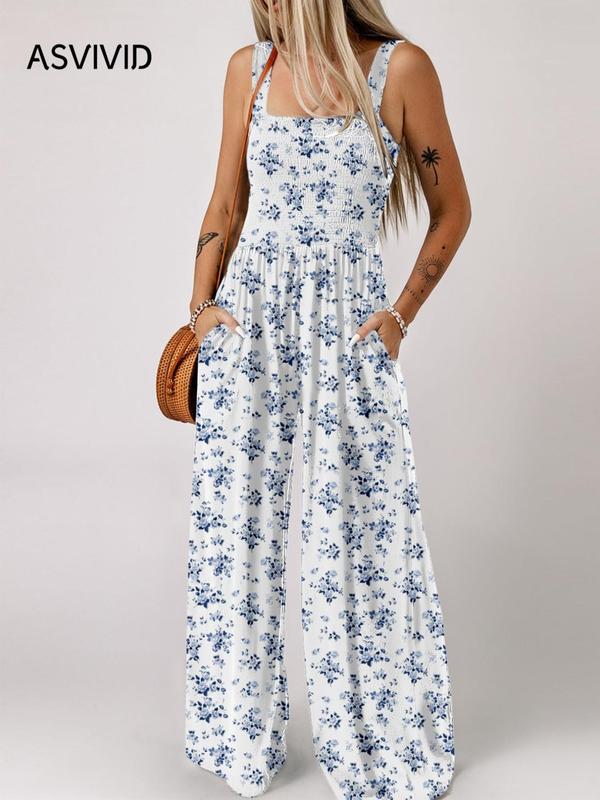 Women's Ditsy Floral Print Shirred Square Neck Cami Jumpsuit, Boho Fashion Pocket Wide Leg Jumpsuit for Daily Holiday Vacation Wear, Ladies Clothes for Summer