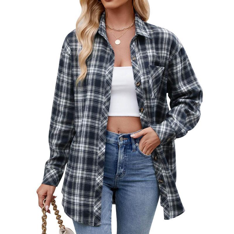 Womens Button Down Shirts Long Sleeve Plaid Shackets Business Casual Blouse Top flannel Womenswear Comfy