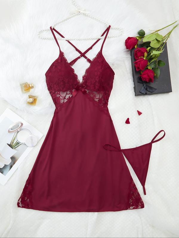 Women's Contrast Lace Criss Cross Backless Cami Nightdress & Thong Set, Comfy Modal Sleepwear Set for Women